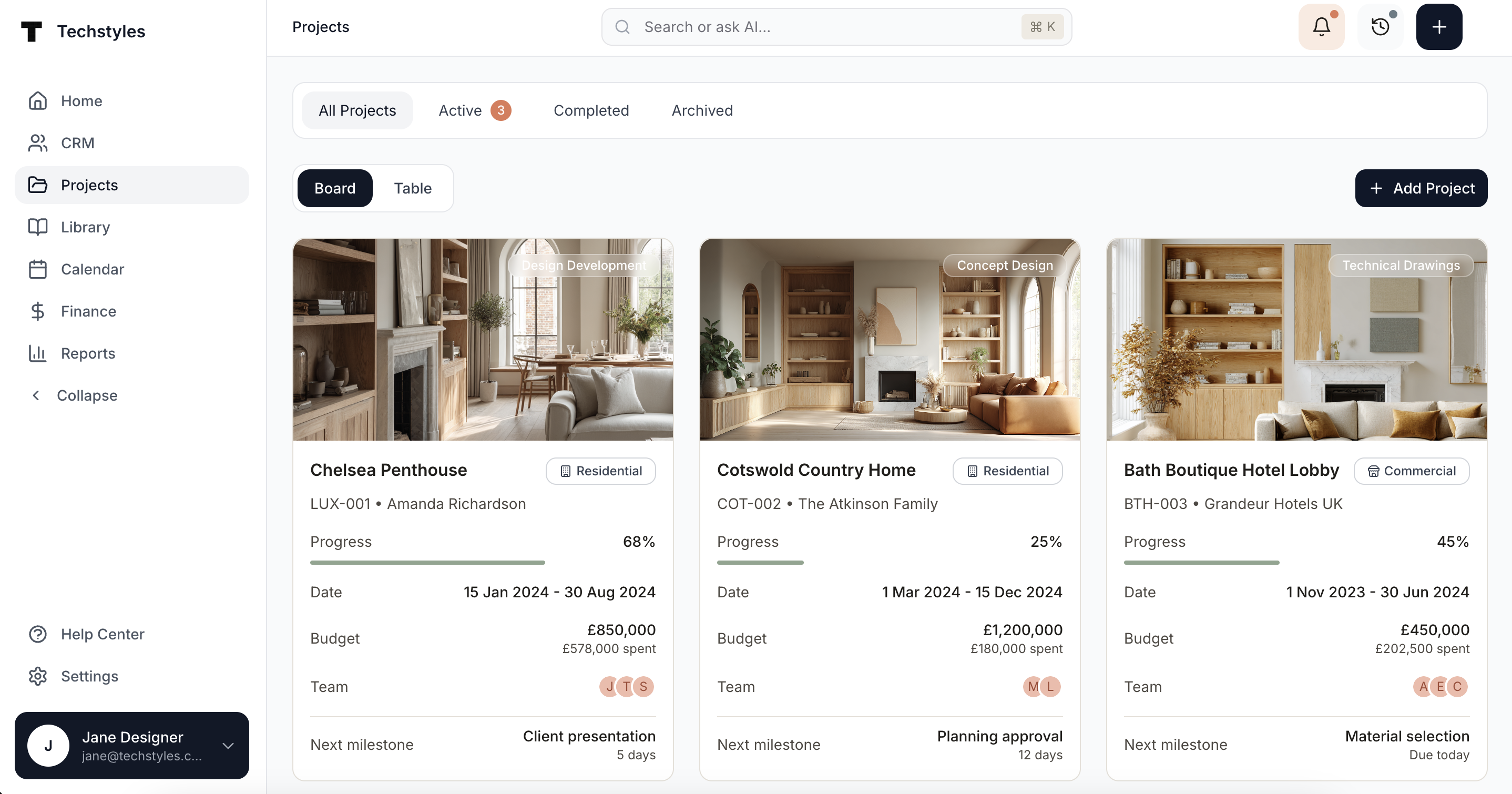 Techstyles project management dashboard showing active interior design projects including Chelsea Penthouse, Cotswold Country Home, and Bath Boutique Hotel with progress tracking, budgets, and team assignments