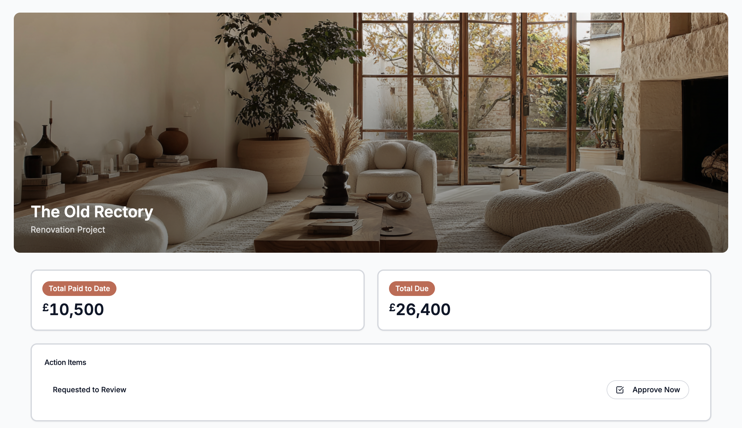 Client portal interface showing proposal review and approval workflow