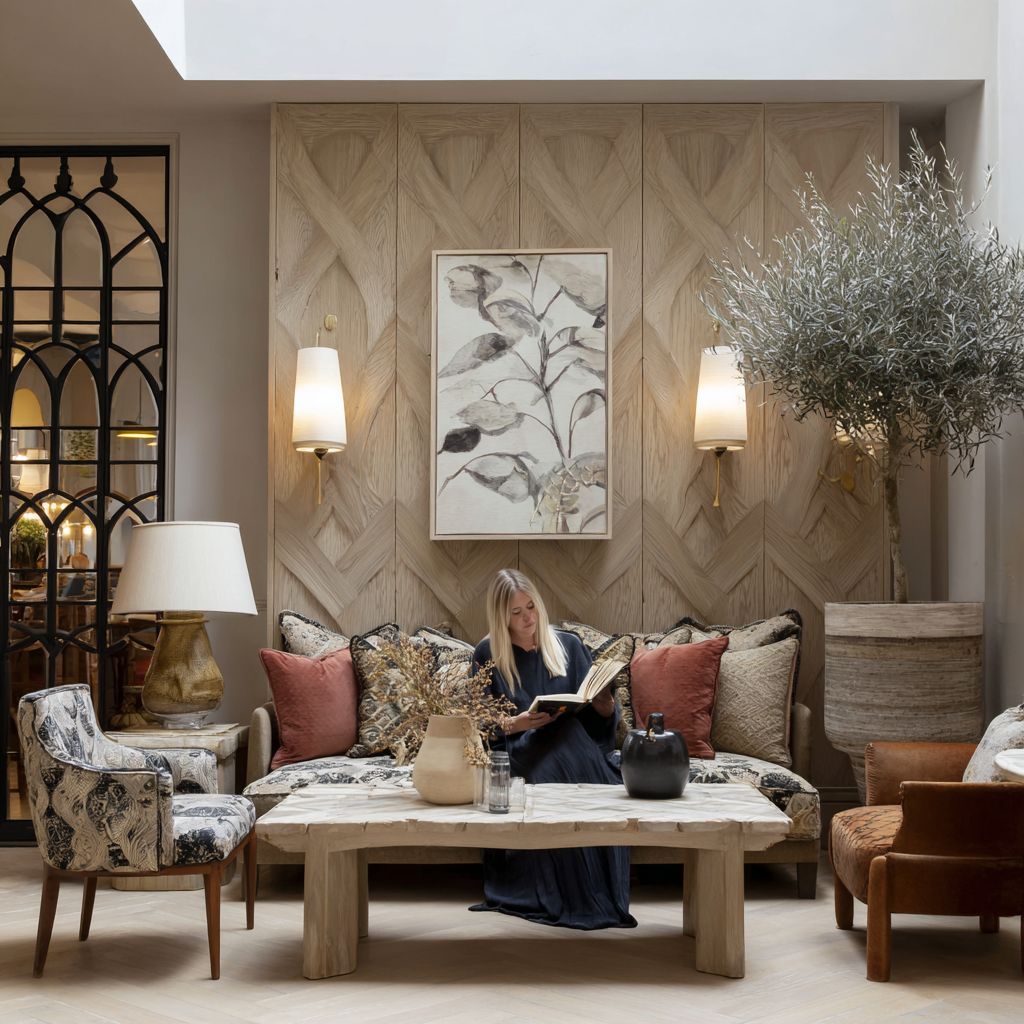 Elegant living room with blonde woman reading, featuring chevron wood paneling and brass accents