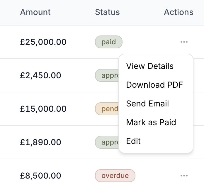 Invoice list showing amounts, status badges, and action dropdown menu