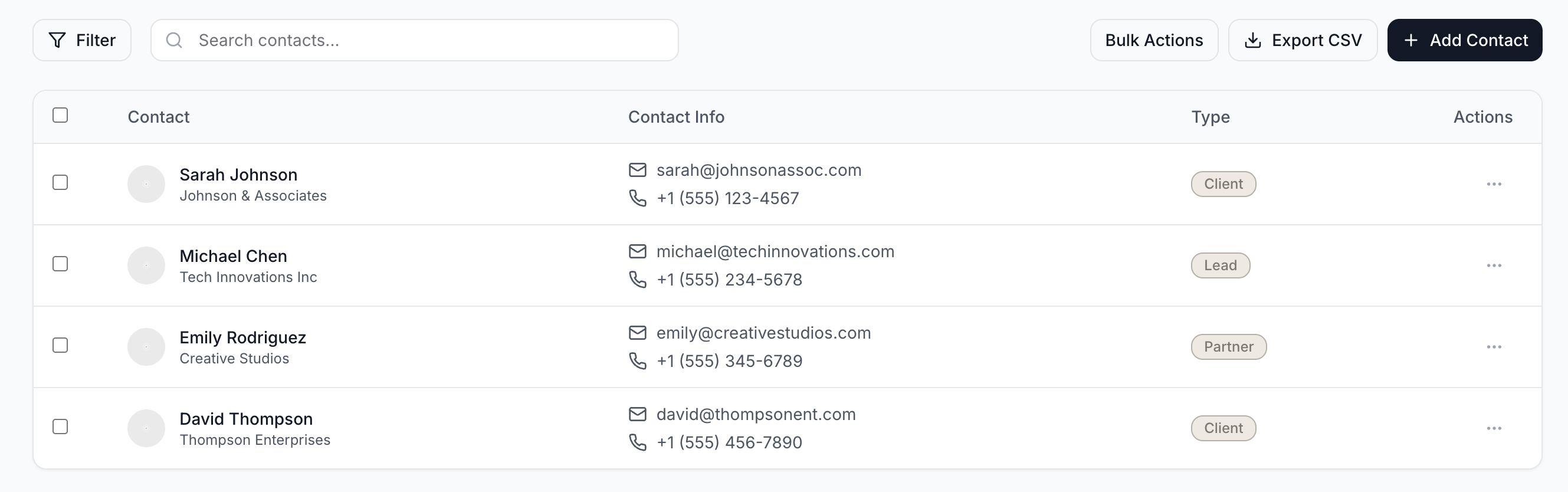 Interior design CRM contacts directory showing client types, company names, and quick action buttons for communication