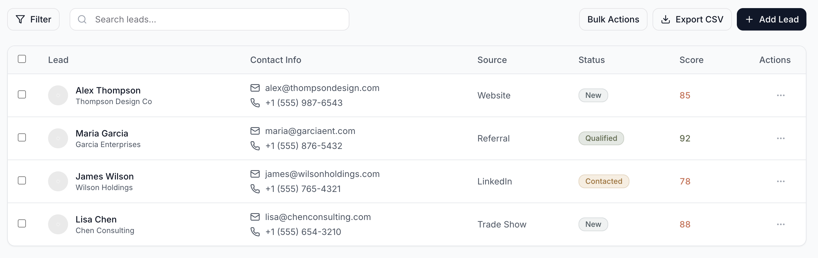 Interior design CRM lead intake table showing source tracking, status chips, and contact details for studio management