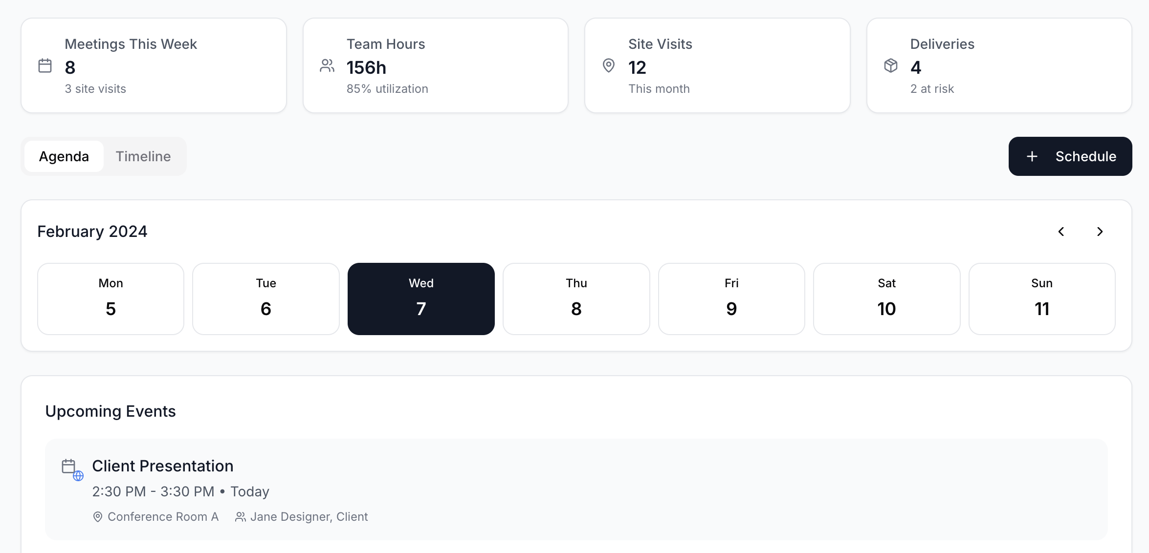 Studio calendar interface showing project events, deadlines, and team scheduling with KPIs and agenda view