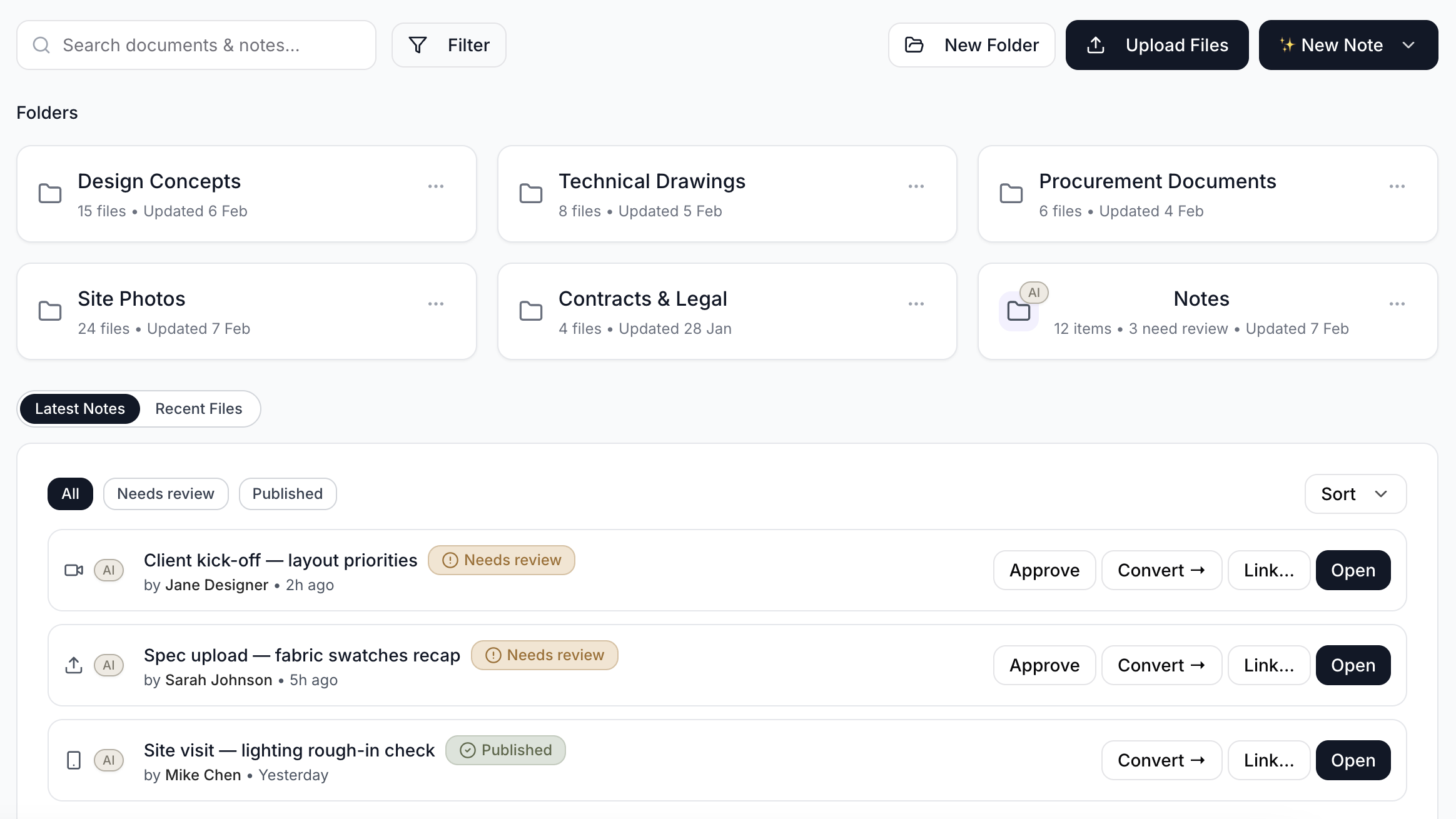 Documents workspace showing organized folders for Design Concepts, Technical Drawings, and Procurement Documents with notes list and status indicators