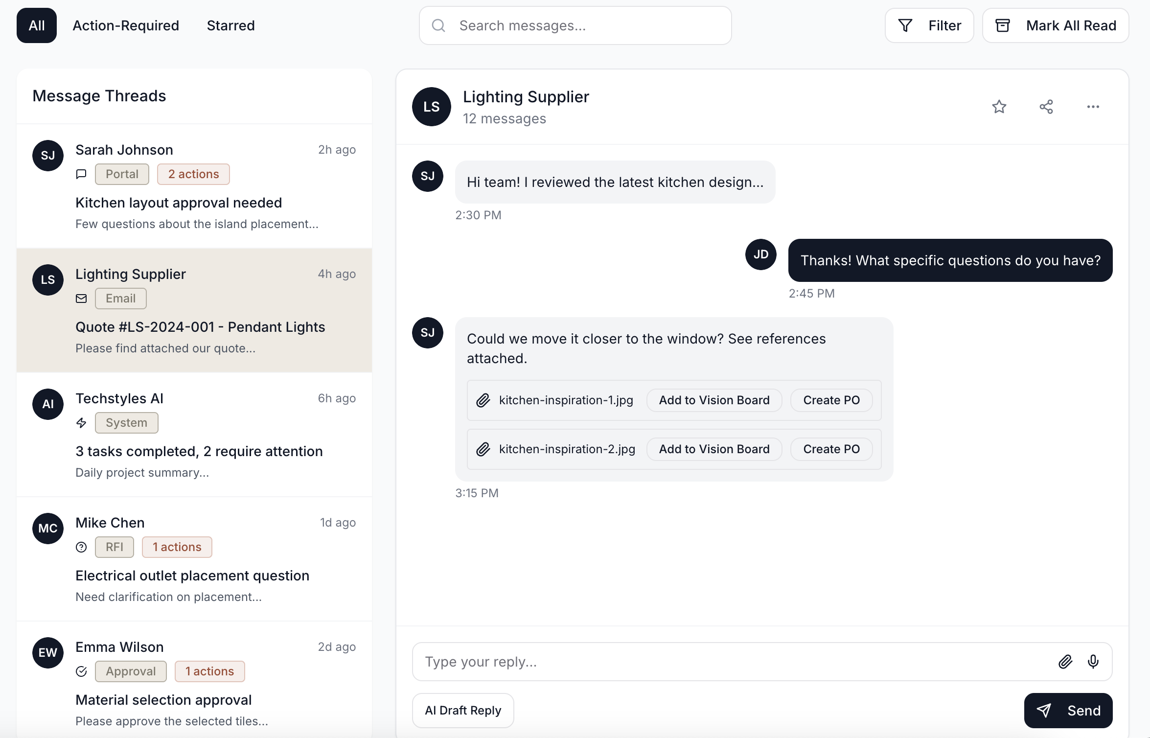 Project messages feed with email and portal threads