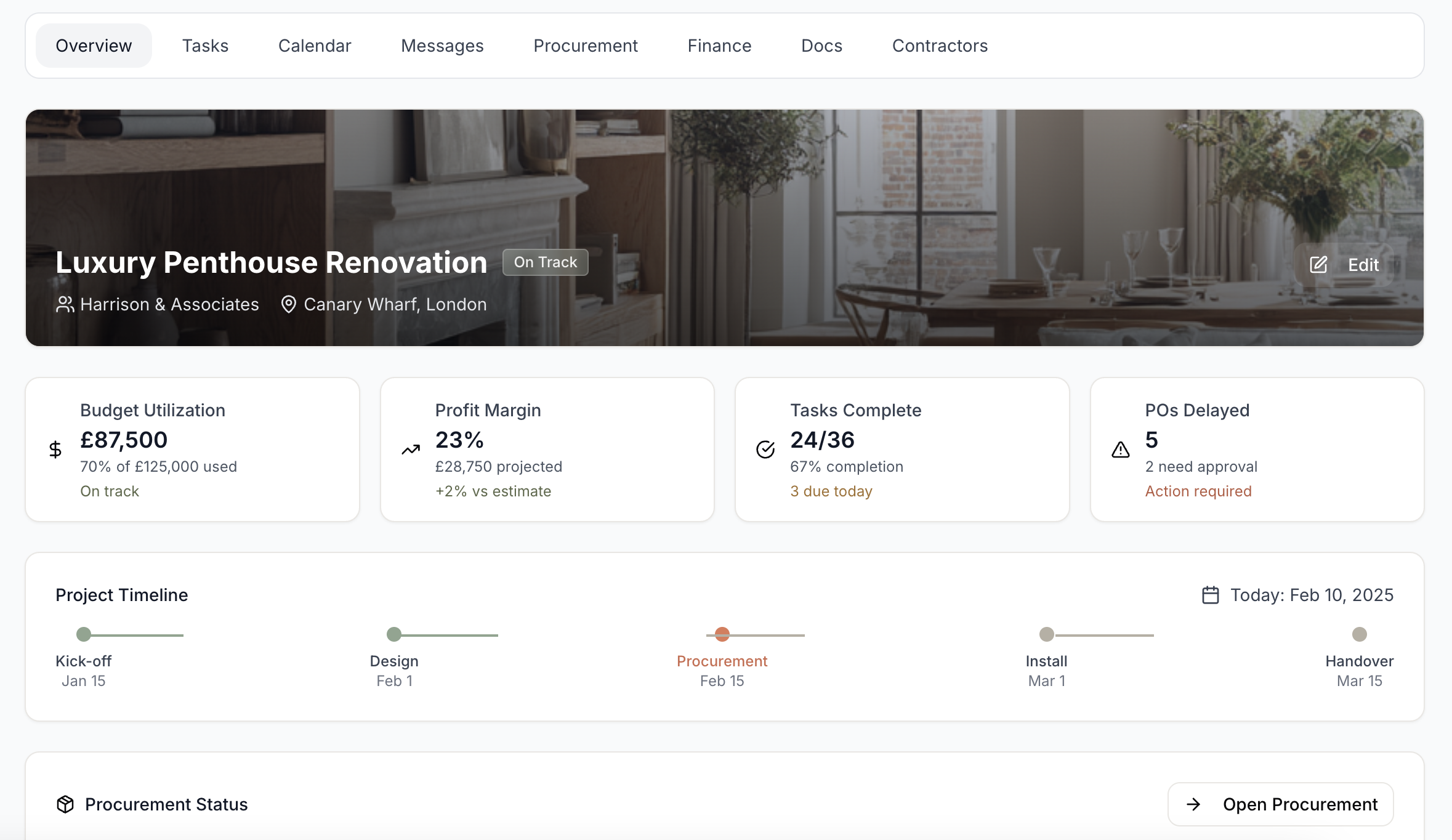 Project overview dashboard showing KPIs, timeline, and procurement status for interior design project management