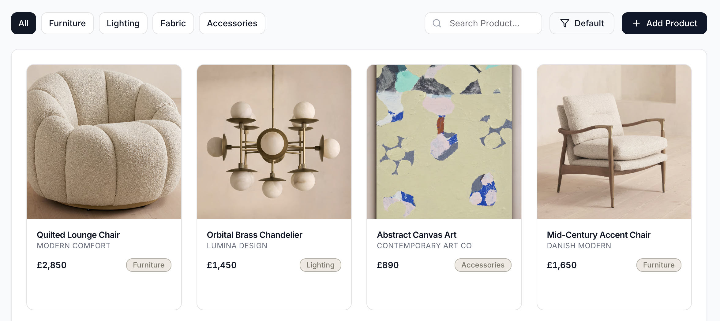 Product library grid interface showing categorized products with filters