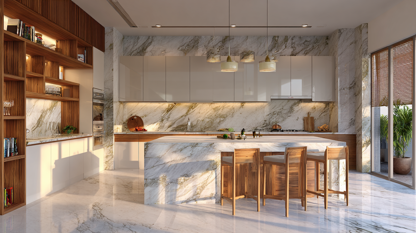 Modern luxury kitchen with marble surfaces and warm wood cabinetry
